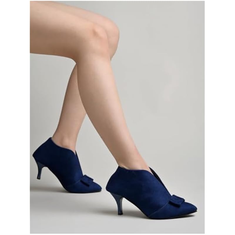 Shoetopia Bottines à Talons pour Femme en Daim Bleu Bout Pointu avec Détail Nœud, Chaussures Élégantes & Confortables EU40