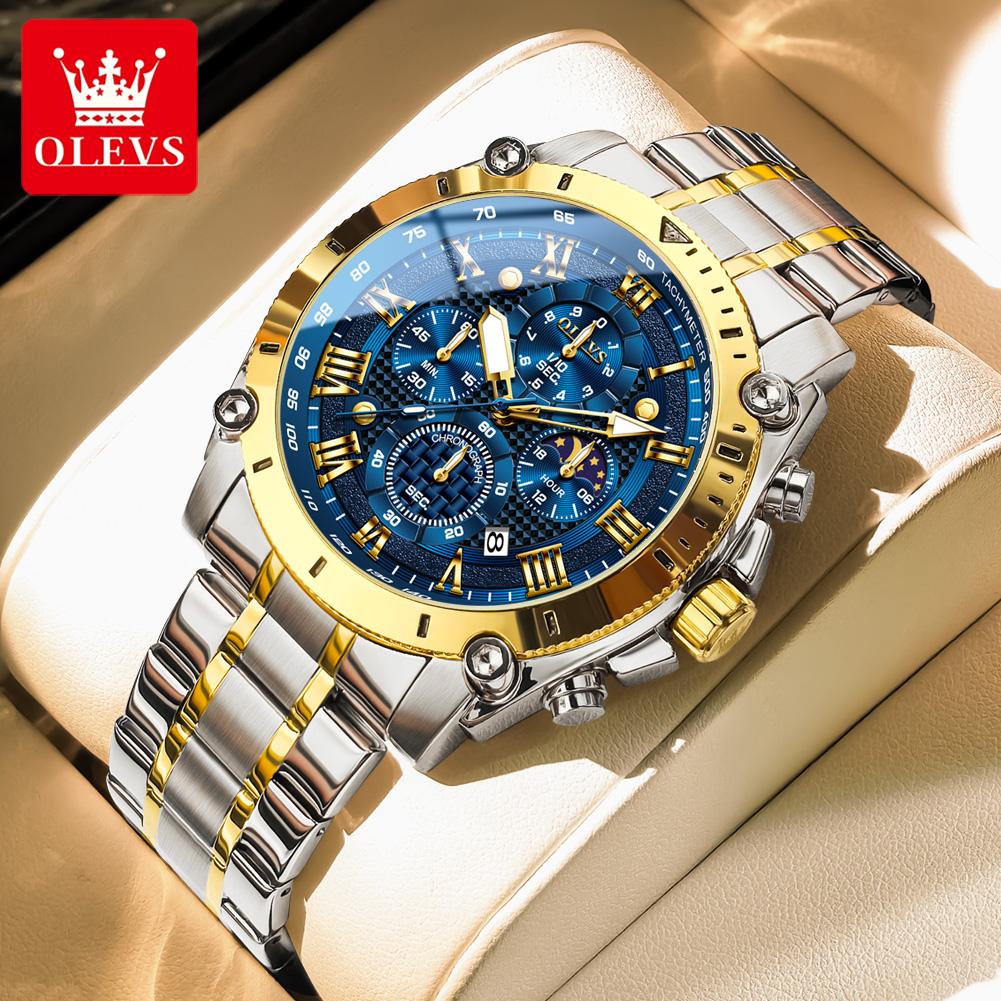 OLEVS 3689 Quartz Men's Watch Multi-functional Date Moon Phase Waterproof Luminous Watch for Men Sports Hand Clock
