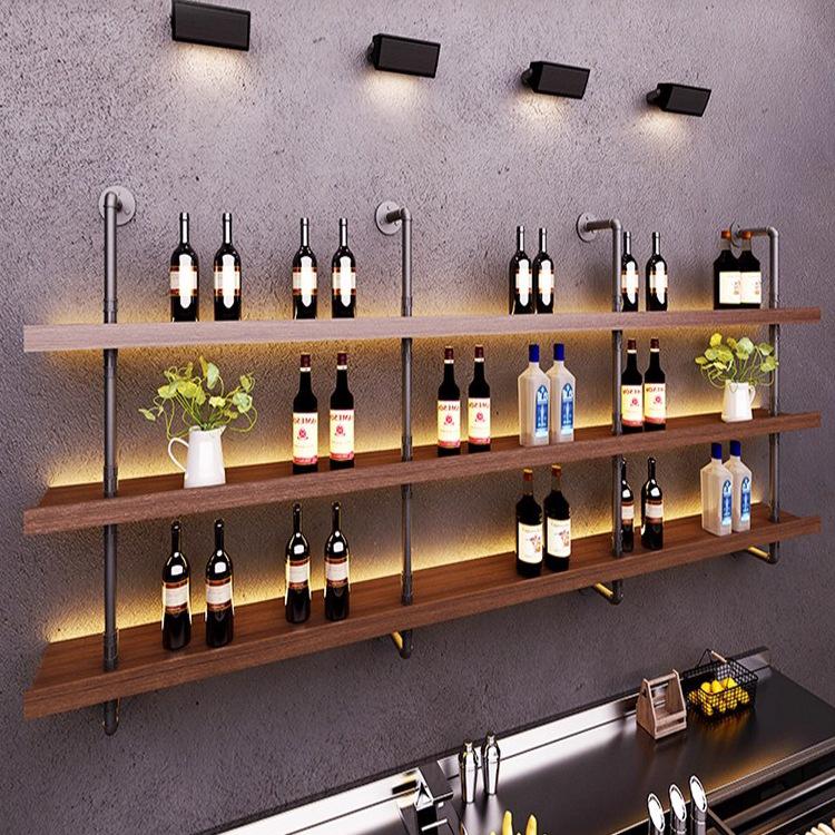 Industrial Wall-Mounted Luminous Shelves: Retro Bookshelf & Wine Rack for Restaurants or Bars