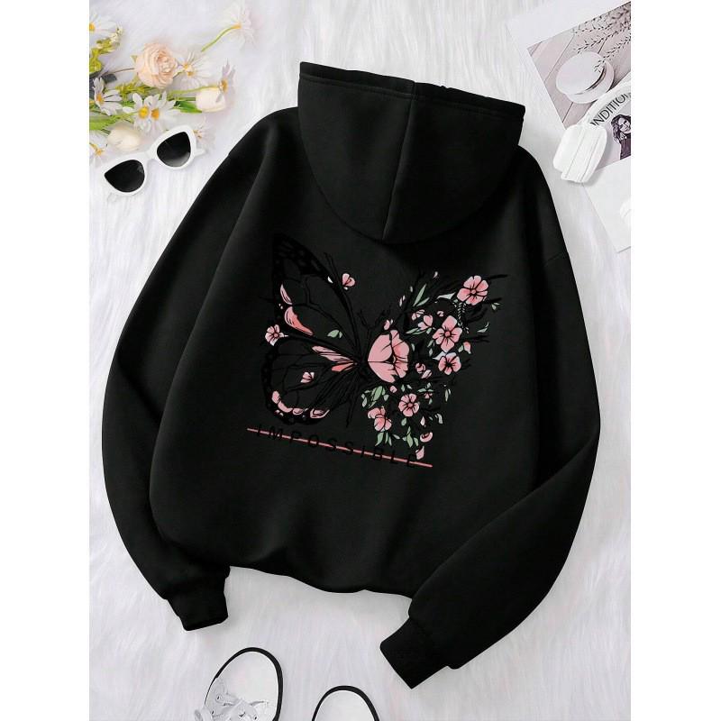 Rose Butterfly Graphic Unisex Hoodie with Drop Shoulder Sleeves