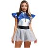 Womens Shiny Metallic Alien Cosplay Costume Fly Sleeve Halloween Party Leotard Tutu Dress