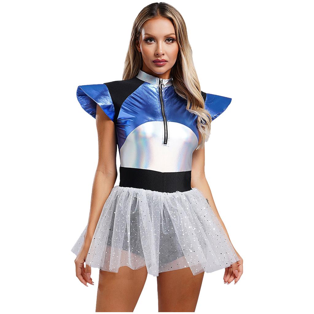 Womens Shiny Metallic Alien Cosplay Costume Fly Sleeve Halloween Party Leotard Tutu Dress