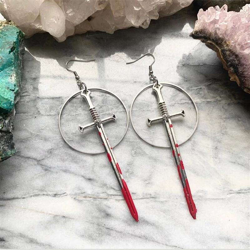 Gothic Blood Sword Earrings Ring Sword Classic Eardrop Big Sword Statement Mystical Classical Halloween Jewellery Women Gift