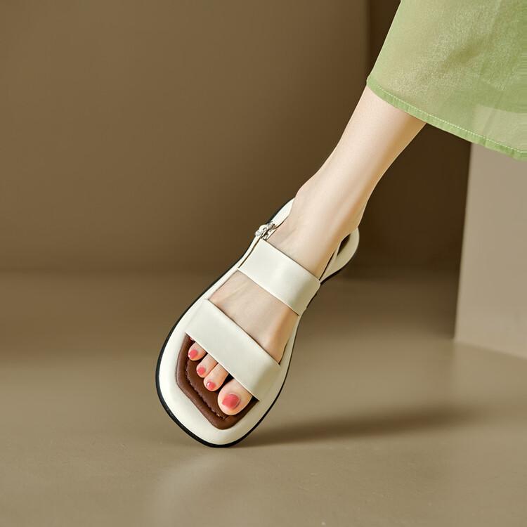 Fashion NEW Summer Women Sandals Split Leather Shoes for Women Square Toe Thick Heel Shoes Csaual Narrow Band Buckle Shoes Flat Sandals