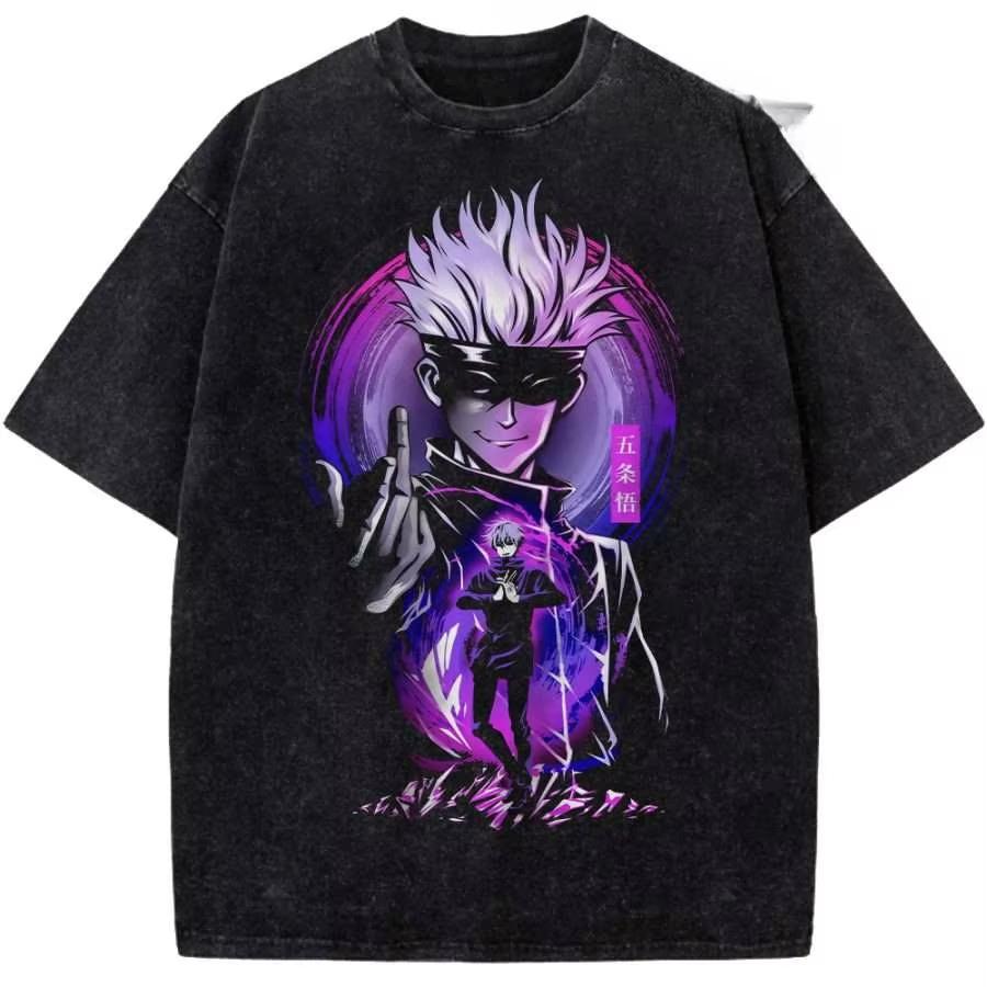 Neues Top Heißblütiger Anime Gojo Vintage Oversize T-Shirt Säuregewaschen Jujutsu Kaisen Herren Damen Baumwolle Harajuku Lässiges T-Shirt
