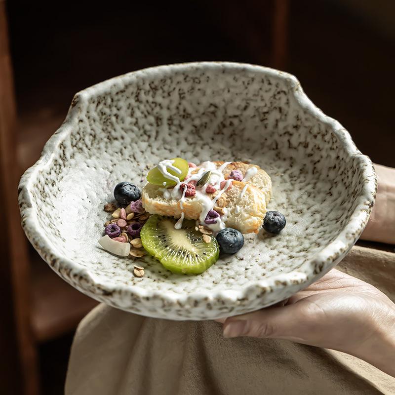Artistic Concept Stone Pattern Ceramic Large Bowl Japanese-Style Household Special-Shaped Bowl Personalized Coarse Pottery Salad Bowl Restaurant Table