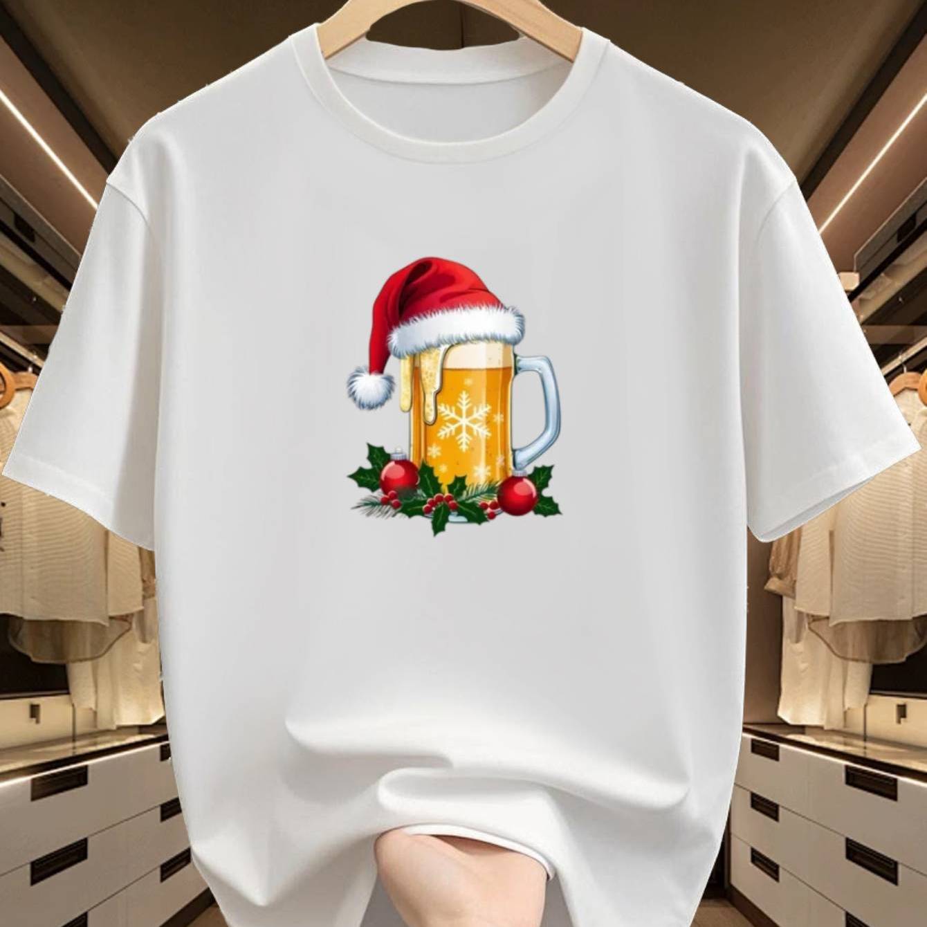 Santa Hat Beer Mug Graphic T Shirt Christmas Holly Snowflake Print Holiday Casual Unisex Short Sleeve Tops S