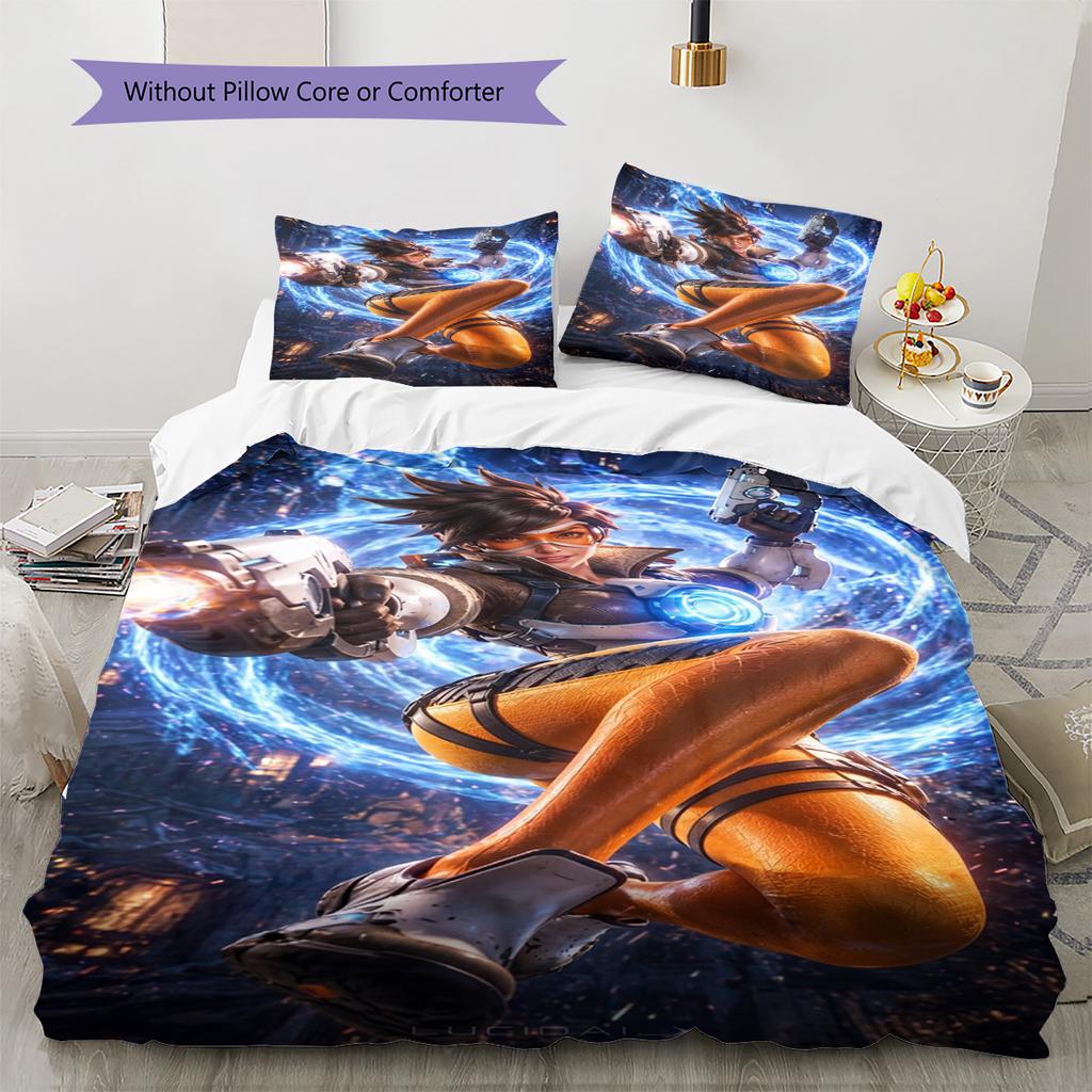 Overwatch Heroes Pattern Bedding Set Quilt Cover Pillowcase Home Decor Gift (1 * Duvet Cover + 2 * Pillowcase, Without Core)