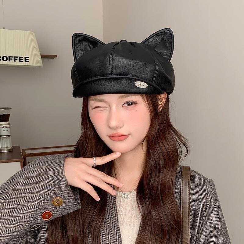 New Leather Octagonal Hat for Women In Spring and Autumn Retro Solid Color Duck Bill Cloud Beret with Face and Small Personality Painter Hat