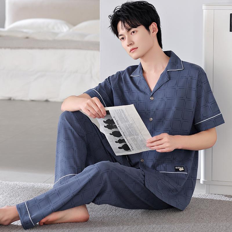 Pajamas Men's Summer Cotton Short Sleeve Trousers Men's Thin Summer Large Size Half Sleeve Men's Summer Loungewear Set
