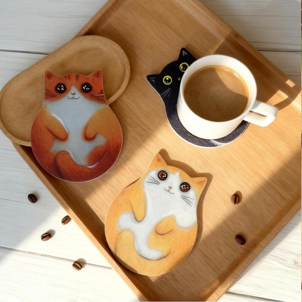 3-Pack Cat Coasters with Holder, Absorbent Felt Coasters with 3 Unique Cat Designs, Non-Slip Scratch Protection for Table, Washable Rustic Coaster
