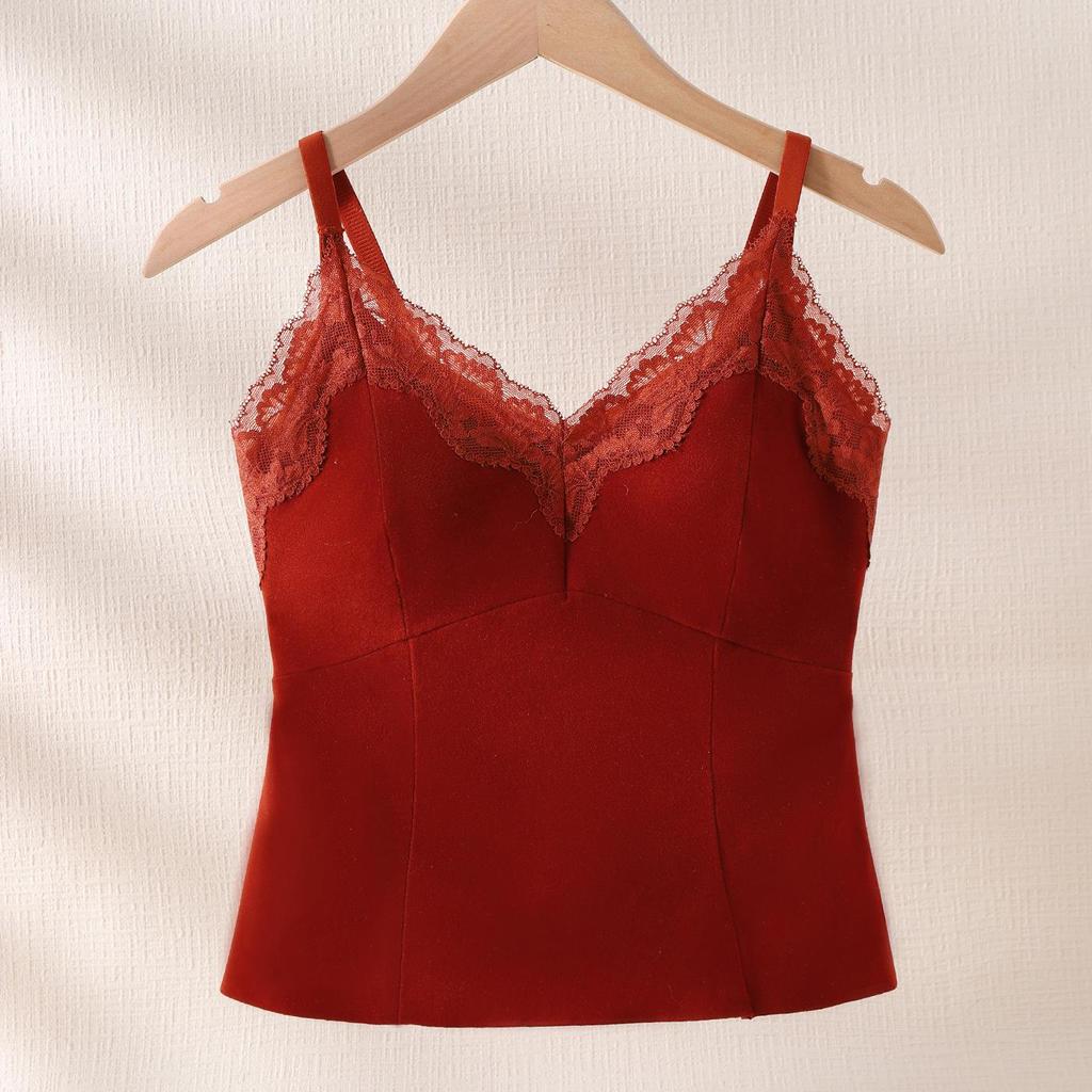 White-Enhancing V-Neck Lace Warm Camisole with Chest Pads - Women's Autumn/Winter Base Layer