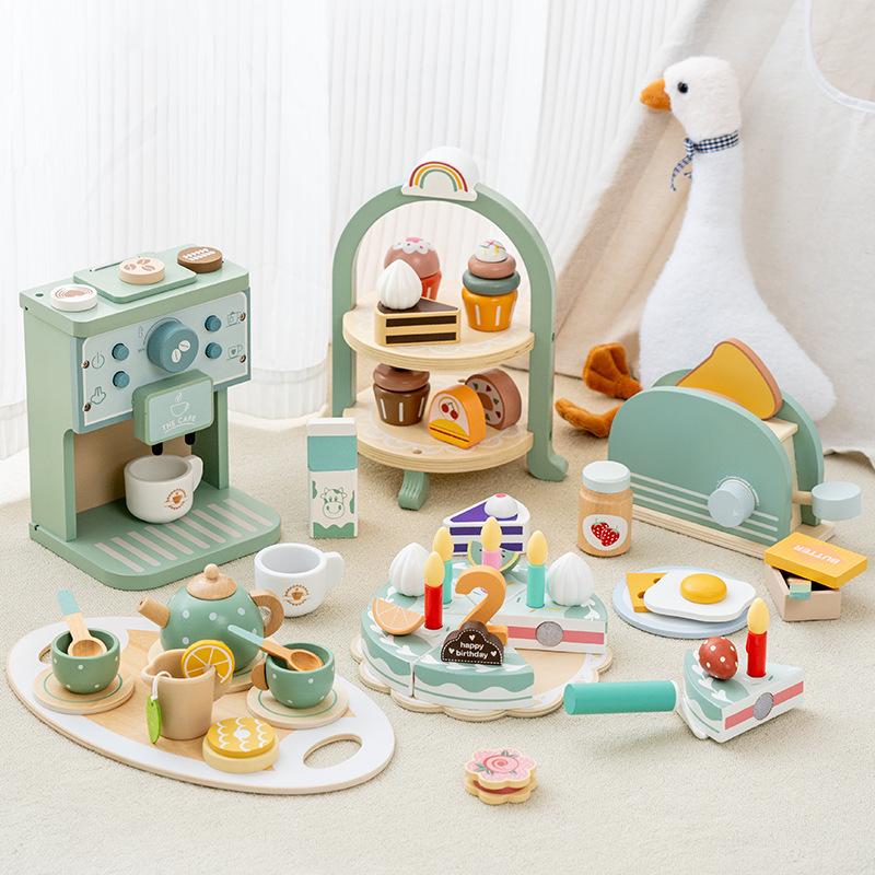 Children'S Wooden Simulation Afternoon Tea Dessert Cake Bread Machine Coffee Machine Play House Tea Set Combination Toy