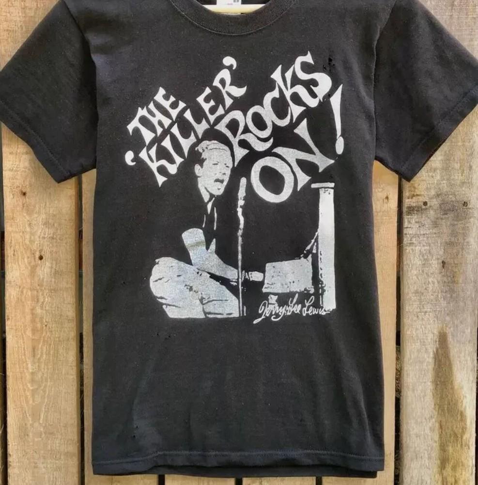 The Killer Rocks On Jerry Lee Lewis graphic short sleeve black shirt Unisex T-Shirt S