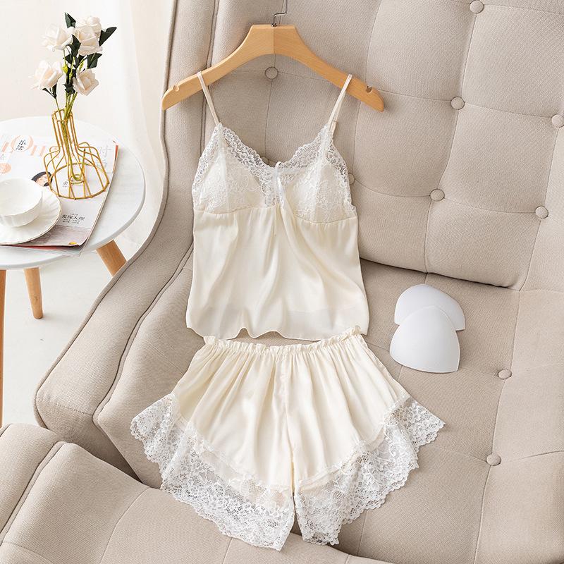 Summer pajamas women's thin ice silk suspender shorts two-piece set sexy belt chest pad lace halter vest set