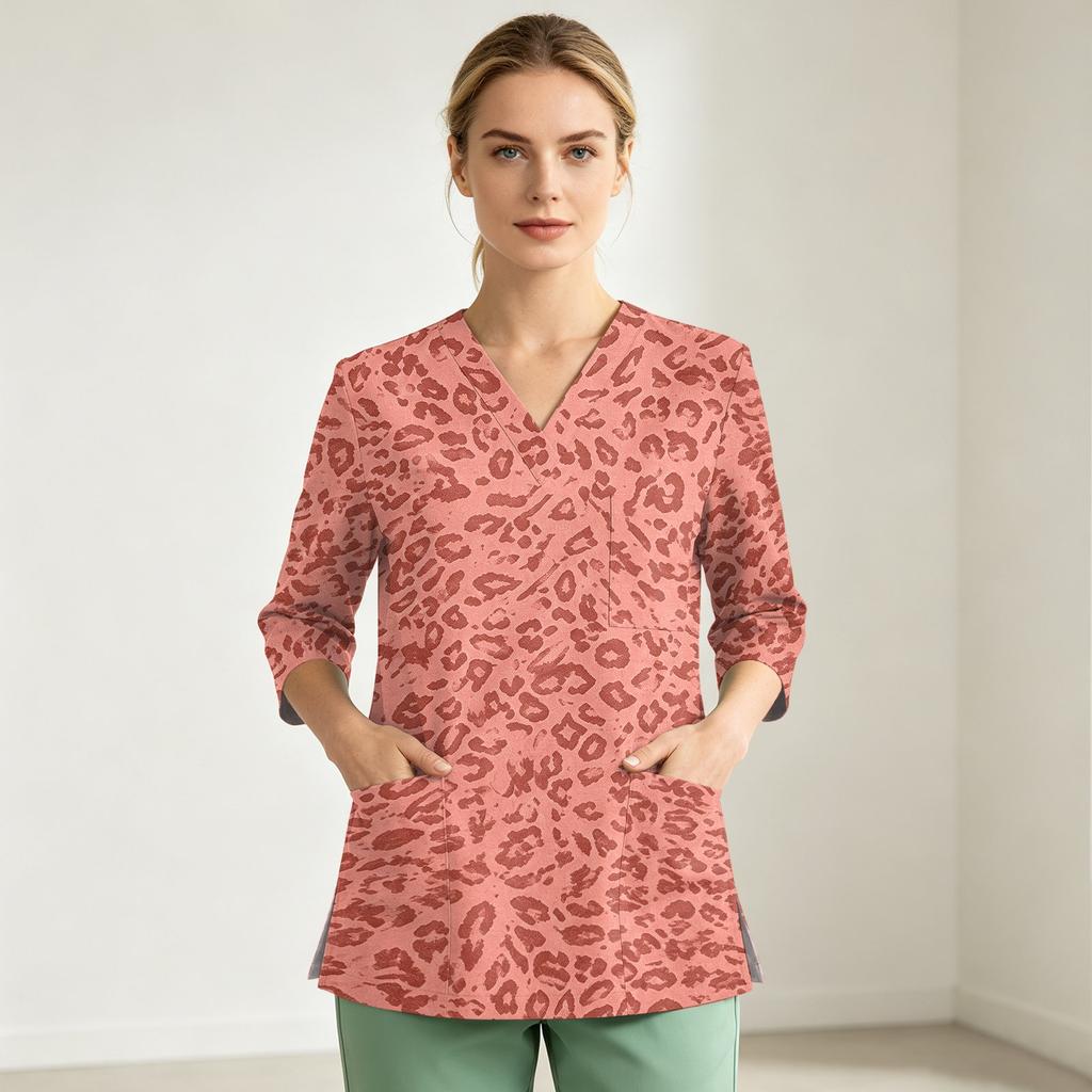 Women's Printed V-Neck Uniform Top with Single Pocket and Side Slit, 3/4 Sleeve