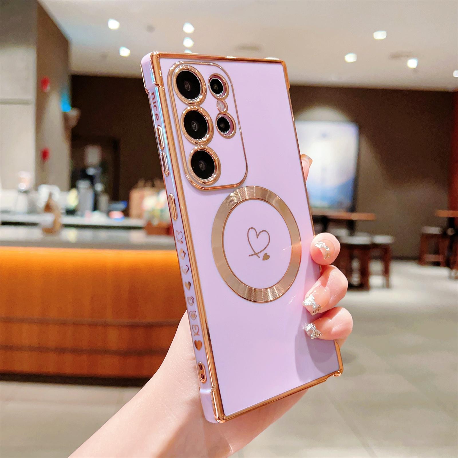 

For Samsung Galaxy S23 Ultra Case Compatible with MagSafe Electroplated TPU Phone Cover Hollow Love Hearts Purple