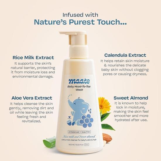 Maate Baby Head to Toe Wash 400 ml | Baby Hair & Body Wash for Bath | Aloe Vera, Almond Oil, Rice Milk & Calendula | Gentle, Soap