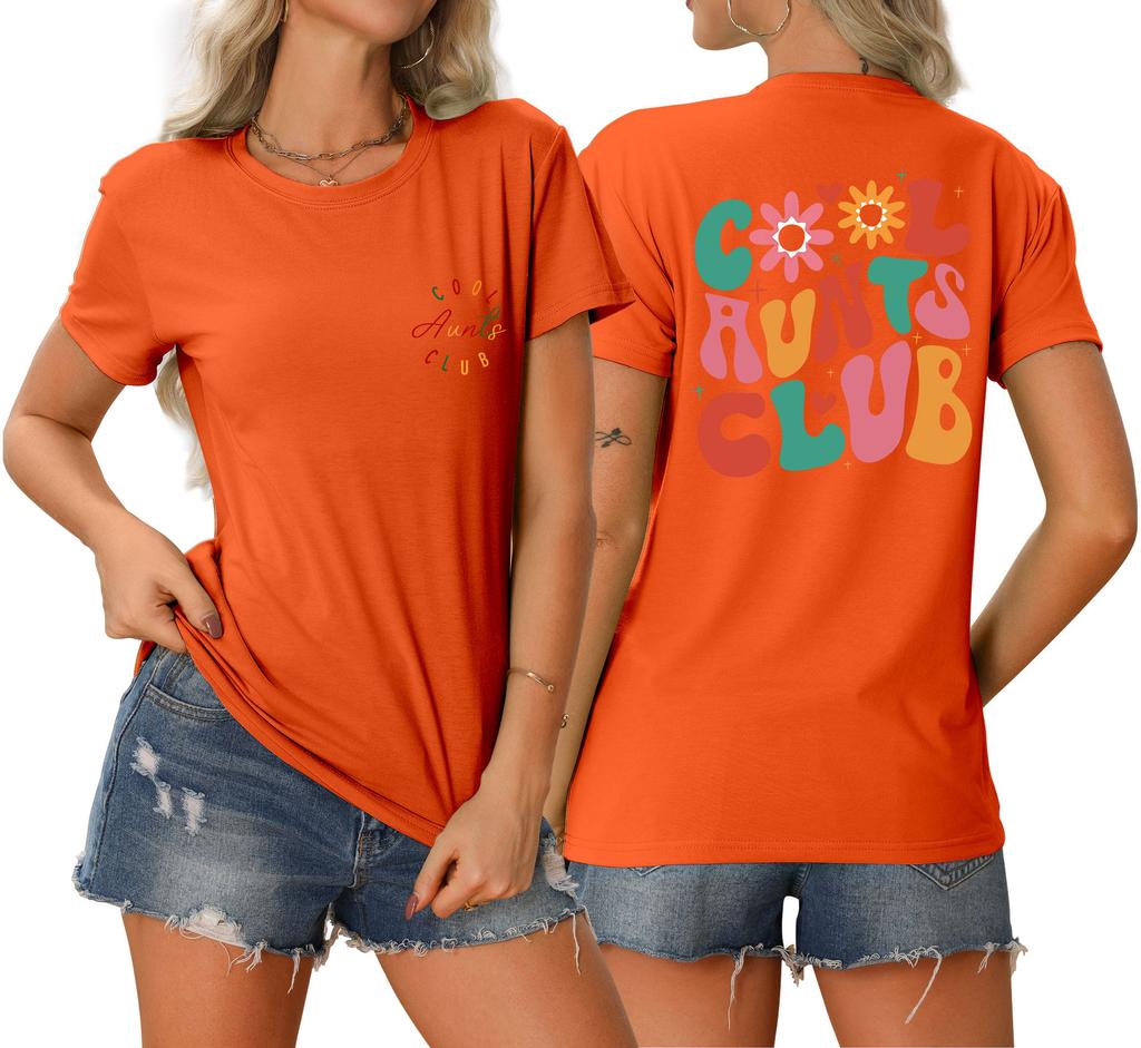 Summer new Womens round neck cool aunts club front and back printed Tshirt loose casual shortsleeved top with a stylish pullo