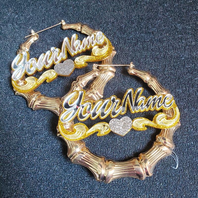 Qiuhan OEM/ODM Multi-colors Bamboo Hoop Acrylic Name Personalized Custom Hoop Nameplate Earrings for Women Gift