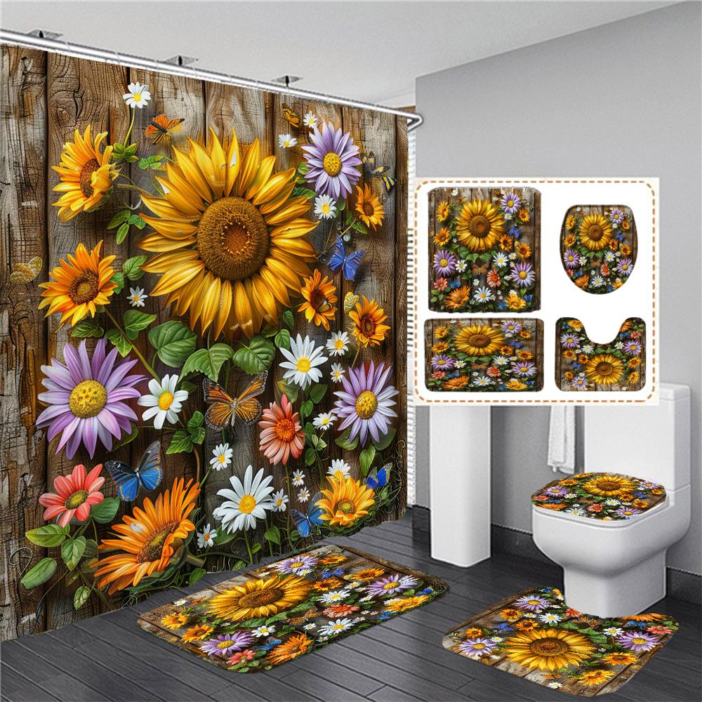 

Sunflower Flowers Pattern Shower Curtain Set With Rugs Waterproof Bathing Screen Anti-Slip Toilet Lid Cover Rugs Bathroom Decor W60H190(CM)-1 Pcs