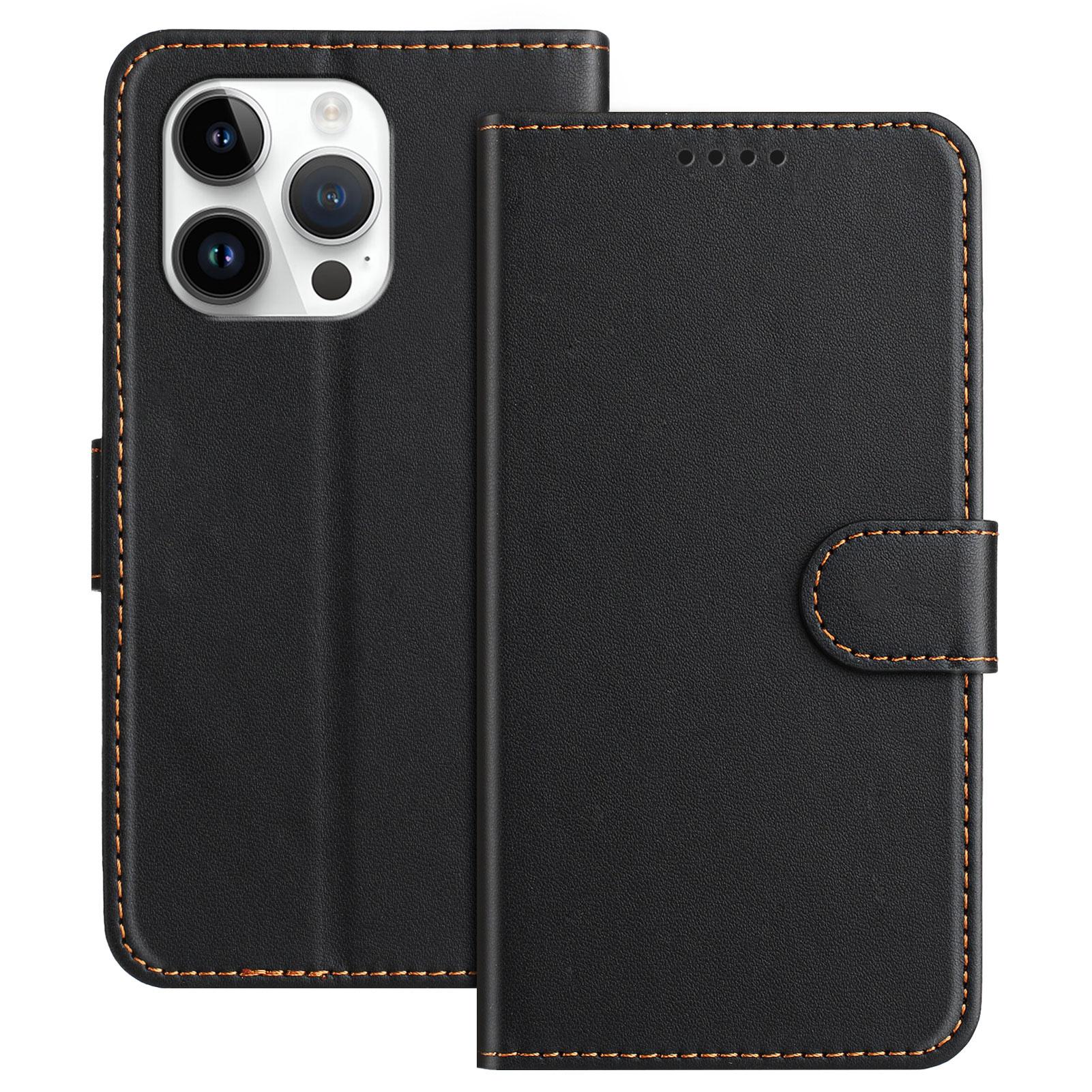 

For iPhone 13 Pro 6.1 inch Leather Case Wallet Stand Solid Color Anti Drop Phone Cover Black