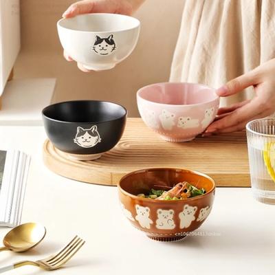 Korean Kawaii Bear Bowl Ceramic Kitten Rice Bowl Cartoon Cat Breakfast Oatmeal Milk Bowl Microwave Safe Household Cat Plate
