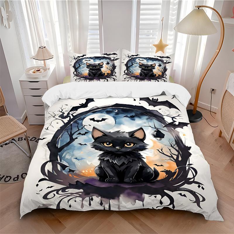 3pcs Noble Black Cat Art Printed Quilt Set - Includes 1 Quilt Cover and 2 Pillowcases, Machine Washable - Suitable for All Seasons.H071