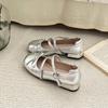 Round Head Bow Silver Small Leather Shoes Women's 2025 Summer New French with Skirt Mary Jane Shoes Thick Heel Single Shoes