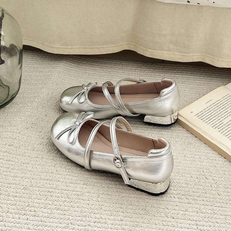 Round Head Bow Silver Small Leather Shoes Women's 2025 Summer New French with Skirt Mary Jane Shoes Thick Heel Single Shoes