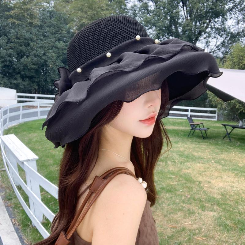 Women's Korean-Style Netted Bow Fisherman Hat Spring Summer Openwork Breathable Wide-Brim Sun Hat with UV Protection