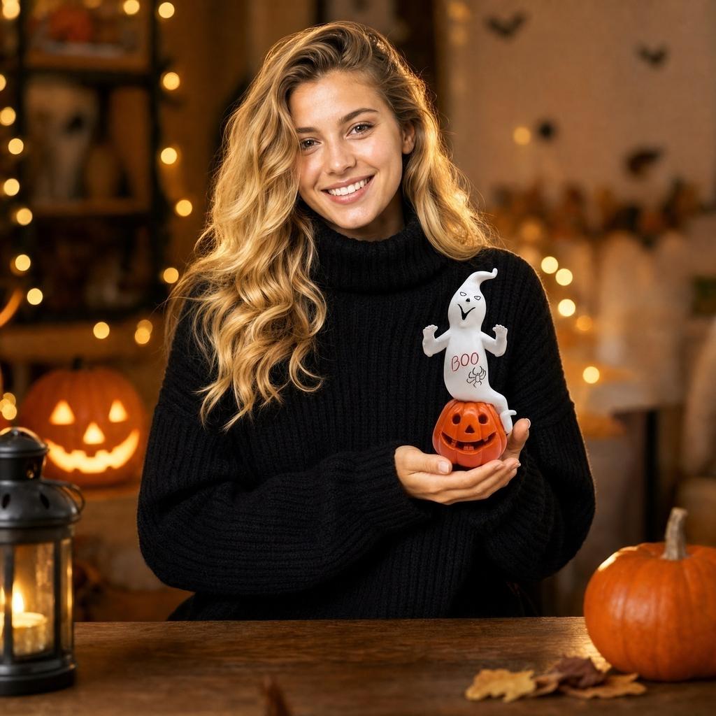 Halloween Ghost and Pumpkin Figurine Decorative Ornament for Holiday Seasonal Display Indoor Outdoor Use Festive Tabletop Accessory