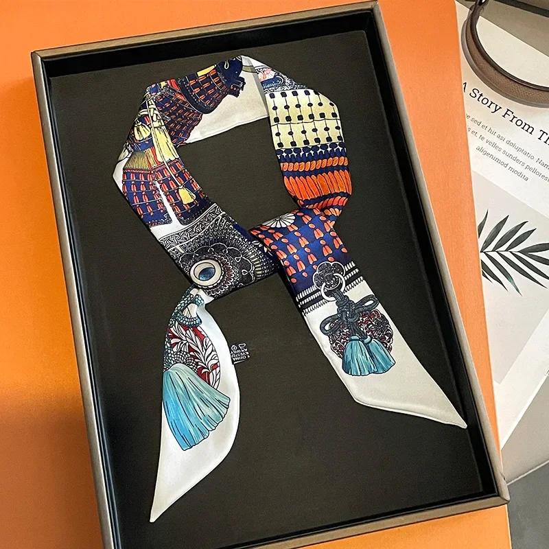 Silk Scarf Women Luxury Chain Print Bag Skinny Scarves Wraps Wrist Towel Foulards Neckerchief Headband Muslim Hijabs