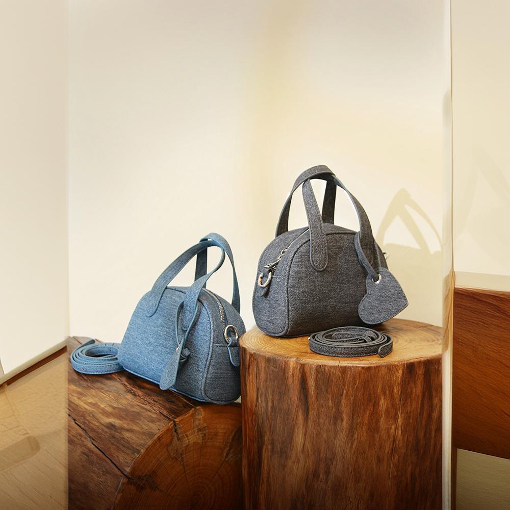 Internet Celebrity Same Retro Denim Portable Boston Bag Casual Soft Surface Solid Color Shoulder Messenger Bag Women's Simple Bag