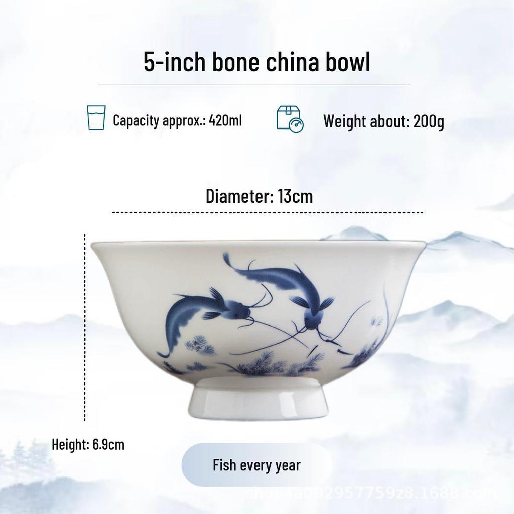 Blue and White High-Foot Bone China Noodle Bowl - Chinese-Style, Anti-Scald, Customizable for Birthdays