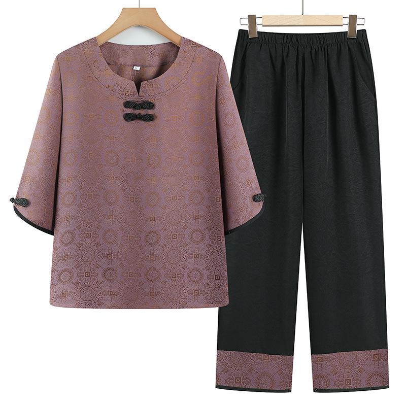 

2026 New Summer Two-Piece Outfit for Middle-Aged and Elderly Women - Mid-Sleeve Grandma s Set 3XL (recommended 55-63 kg) фиолетовый