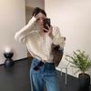 White V-neck Hollow Knitted Cardigan Coat Sweater Women's Thin Spring and Autumn Top