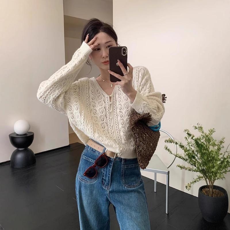 White V-neck Hollow Knitted Cardigan Coat Sweater Women's Thin Spring and Autumn Top