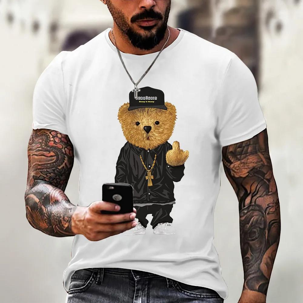 Camiseta casual masculina de verão com estampa fofa de ursinho de pelúcia, gola redonda, confortável e respirável, top casual urbano para atividades ao ar livre