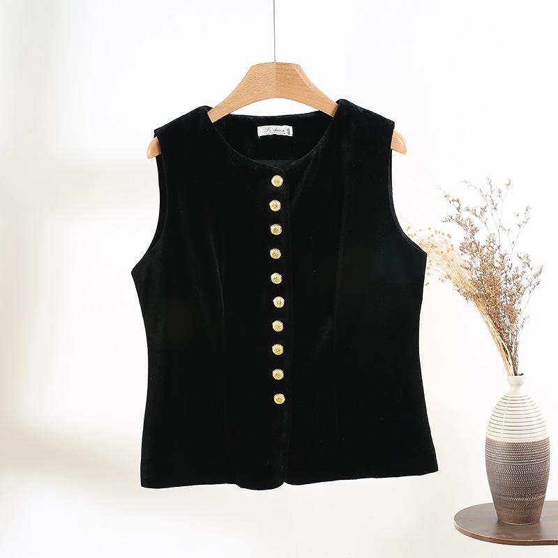 French retro fashionable vest top women's 2025 autumn new high-end velvet black vest
