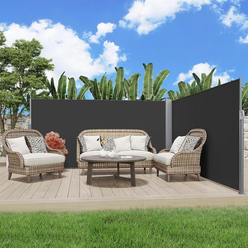 YODOLLA 350x160cm Doppelte ausziehbare Seitenmarkise, Wasserdichter faltbarer Sichtschutz & Raumteiler für Veranda und Terrasse, Grau