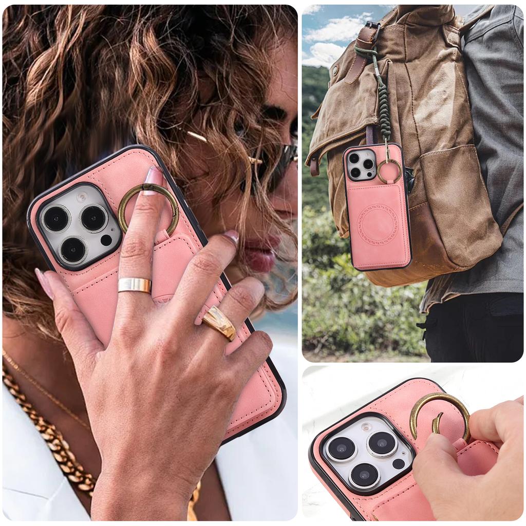 For iPhone 16 Pro Max Case Card Holder Kickstand Leather + TPU Phone Cover with Ring Holder