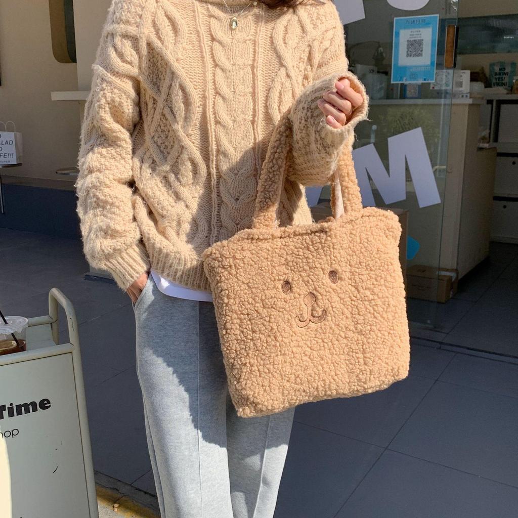 Women Cute Plush Bear Girl Heart Embroidery Double Sided Shoulder Bag