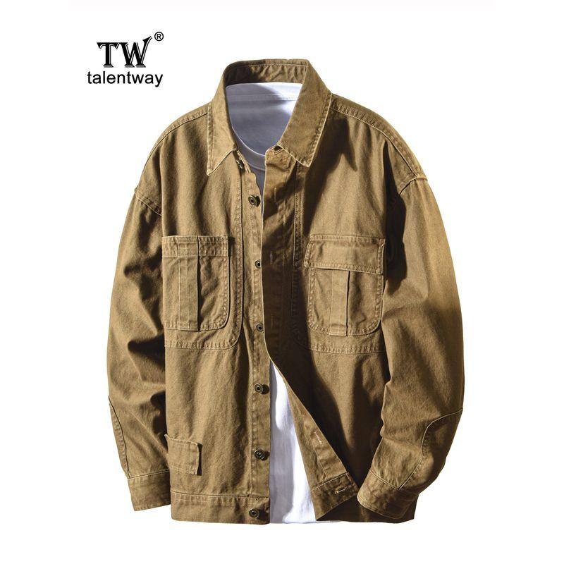 TW Spring and Autumn American vintage Cargo Jacket Men's Loose Casual Long sleeve Outerwear Thin Heavy Washed Pure Cotton