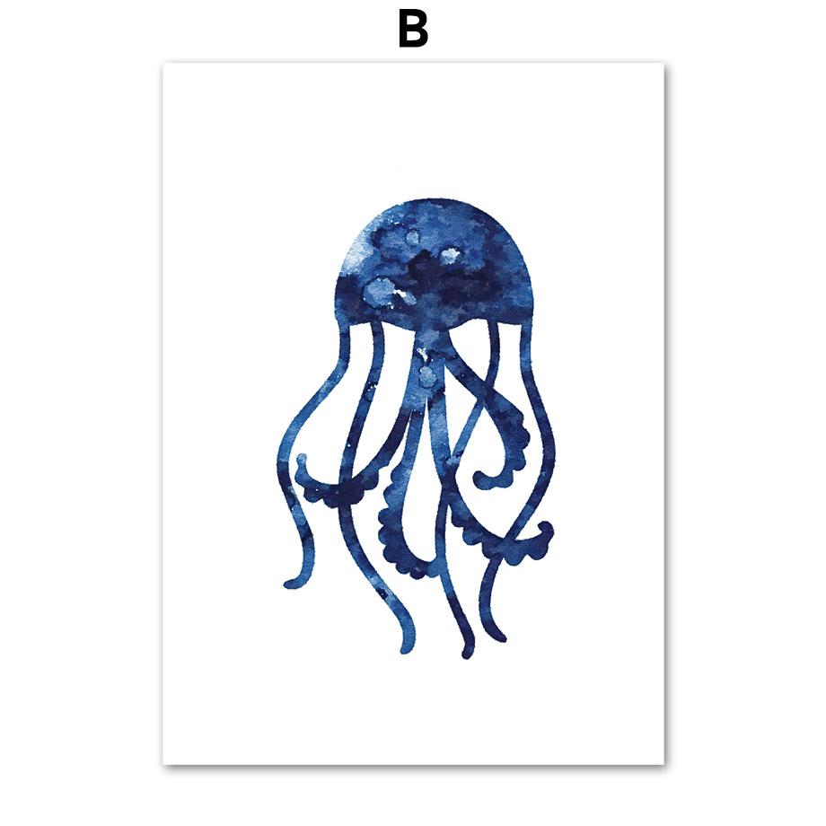 Nautical Navy Blue Sea Urchin Shell Starfish Octopus Turtle Poster Wall Art Print Canvas Painting Baby Bathroom Bedroom Decor