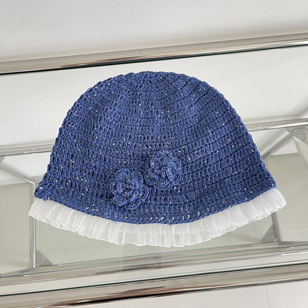 Hollow Out Lace Beanies Hat Glitter Sequin Knitted Hat Cute Crochet Flower Hat  Apparel Accessories
