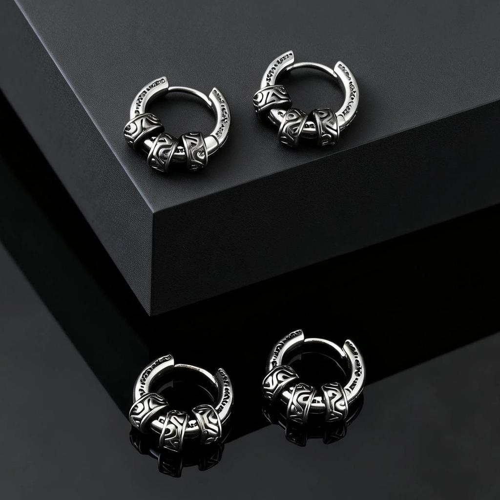 Vintage Totem Vine Pattern Hoop Earrings for Men, Hypoallergenic Metal Huggies Earrings, Rock Punk Piercing Jewelry Gift