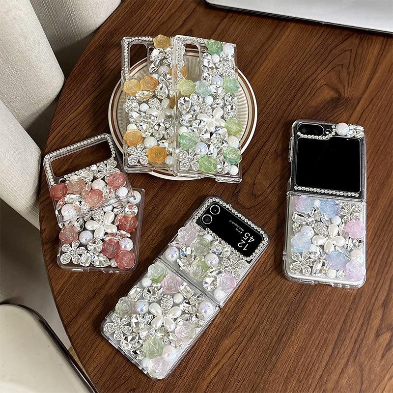 Luxury Rhinestone Pearl Flower Phone Case for Samsung Z Flip 8/7/6 Fold