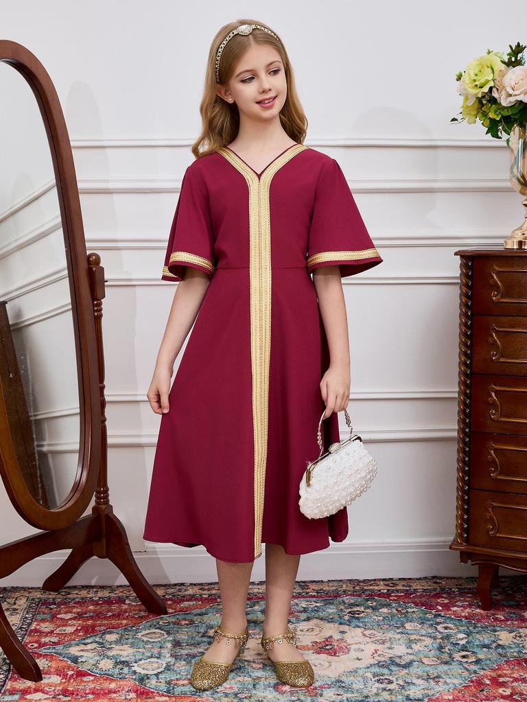 Children's Fashionable Middle Eastern Abaya with Golden Lace Trim