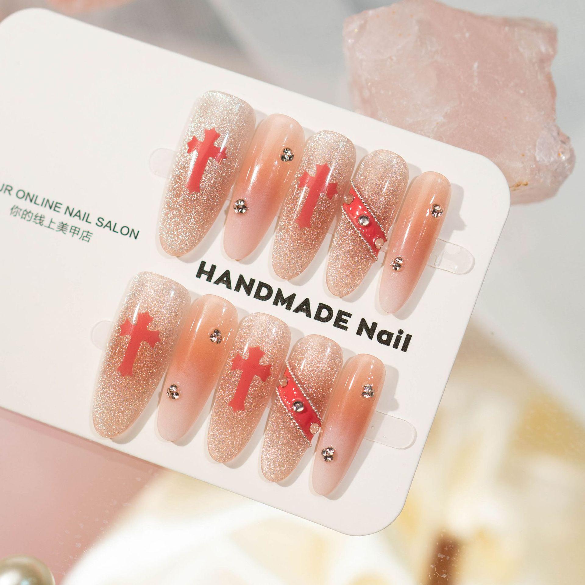 Nude Pink Gradient Press-On Nails with Glitter Cat-Eye, Medium-Length, Skin-Brightening, Sweet & Cool Style, Handmade Premium Quality